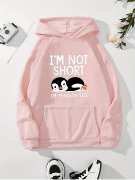 Cute Penguin Print Kangaroo Pocket Hoodie, Casual Long Sleeve Drawstring Hoodies Sweatshirt, Women's Clothing